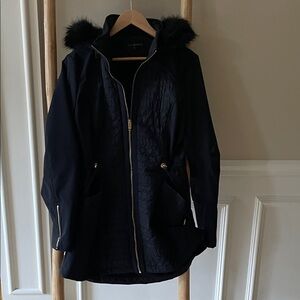 Via Spiga Navy Quilted Light Weight Coat with Black Faux Fur Hood